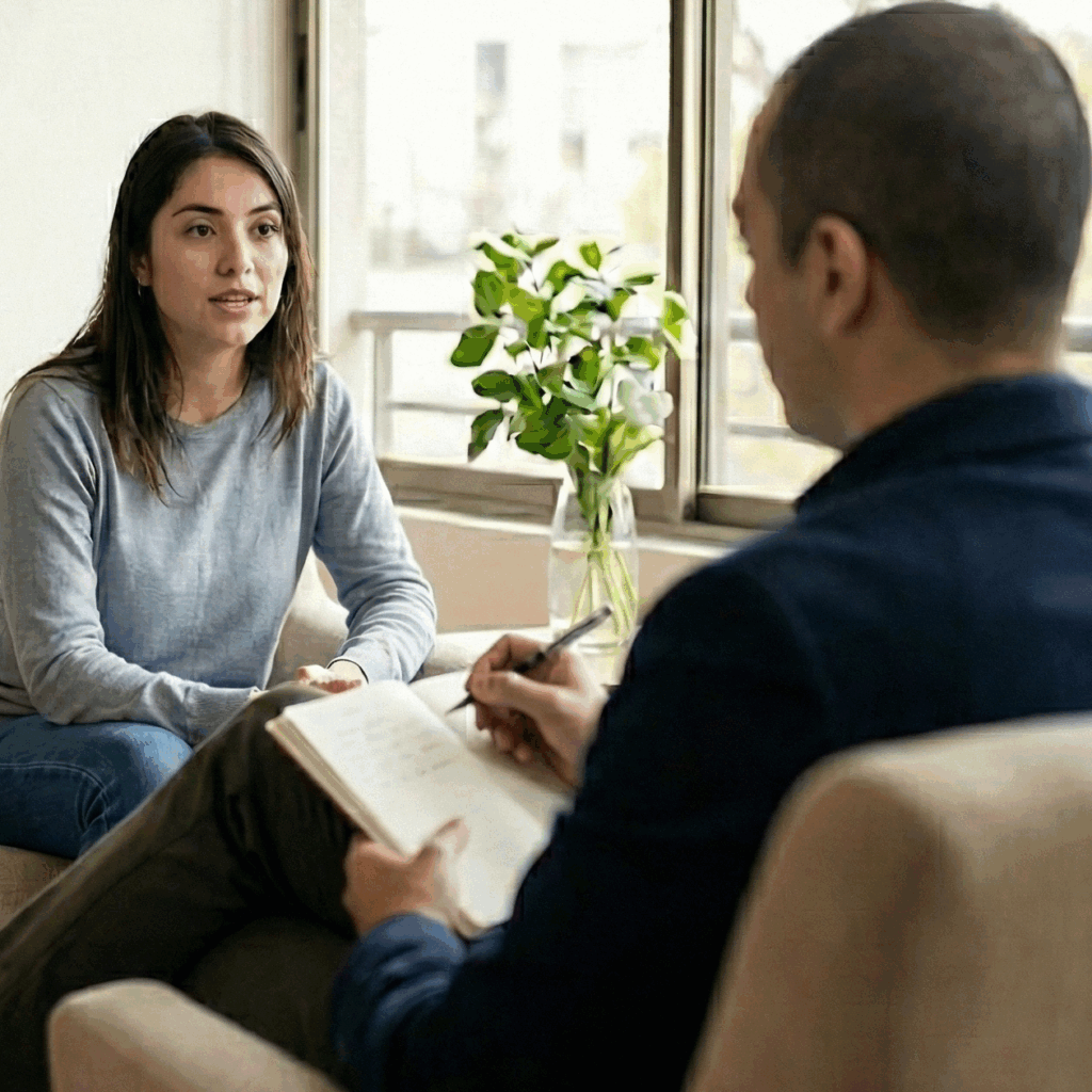 Sesión de Psicoterapia Integral Psanamente: paciente femenina conversando de frente en un ambiente acogedor, con psicólogo profesional (hombre) tomando notas en su agenda y el logotipo oficial de Psanamente en la pared de fondo.